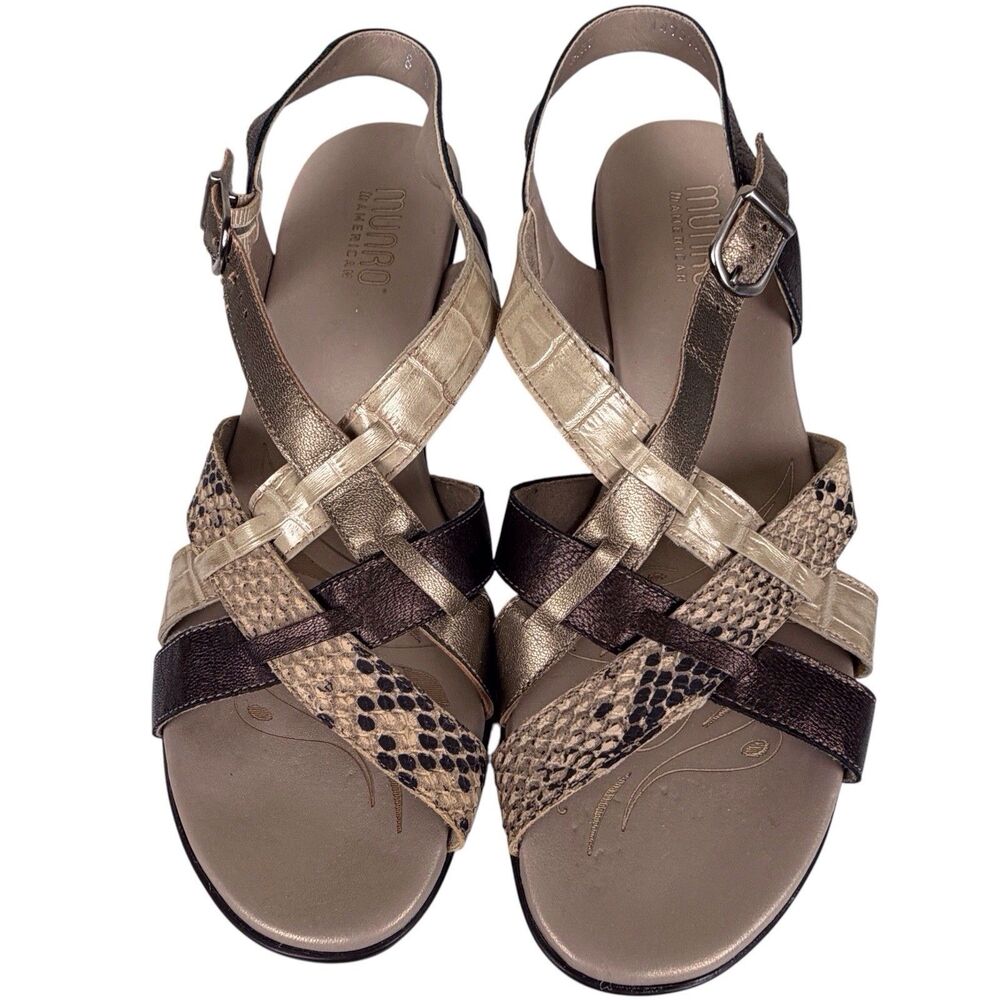 Munro Kara Strappy Leather Sandals Bronze Gold Size 8W Wide Block Heel Comfort